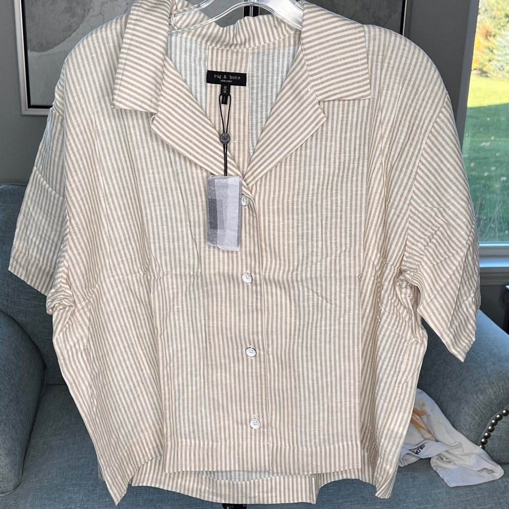 Stripe short,size M, beige button front top linen blend by Rag & bone